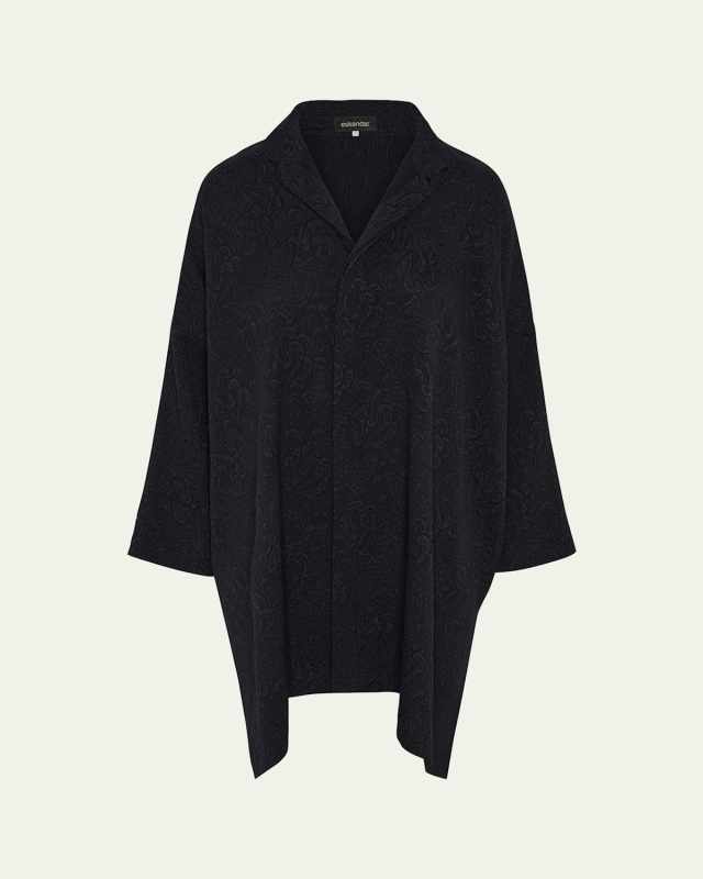 Damask Cloque Wide Longer-Back Double Stand-Collar Shirt With Slits (Very Long Length)